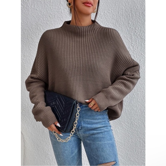 Casual Oversized Mock Neck Ribbed Knit Batwing Sleeve Sweater brown - Picture 6 of 6